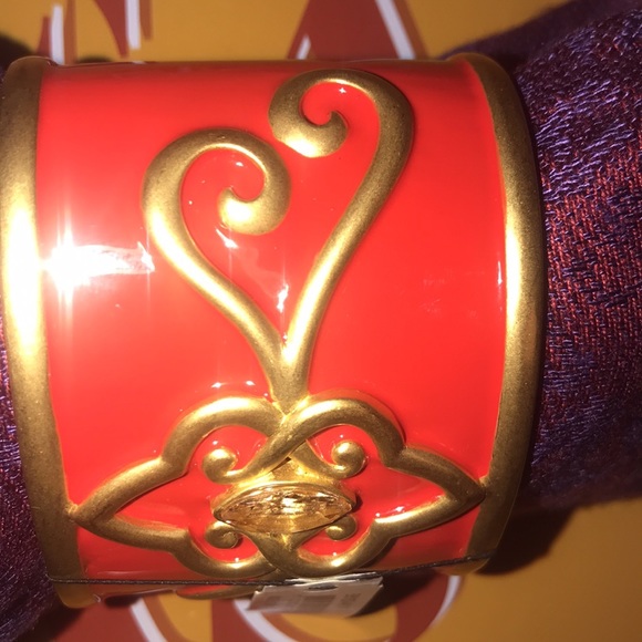 New Scarlet Red Open Cuff Bracelet Gem Center Gold Tone Scrolls By Carolee Lux - Picture 7 of 13